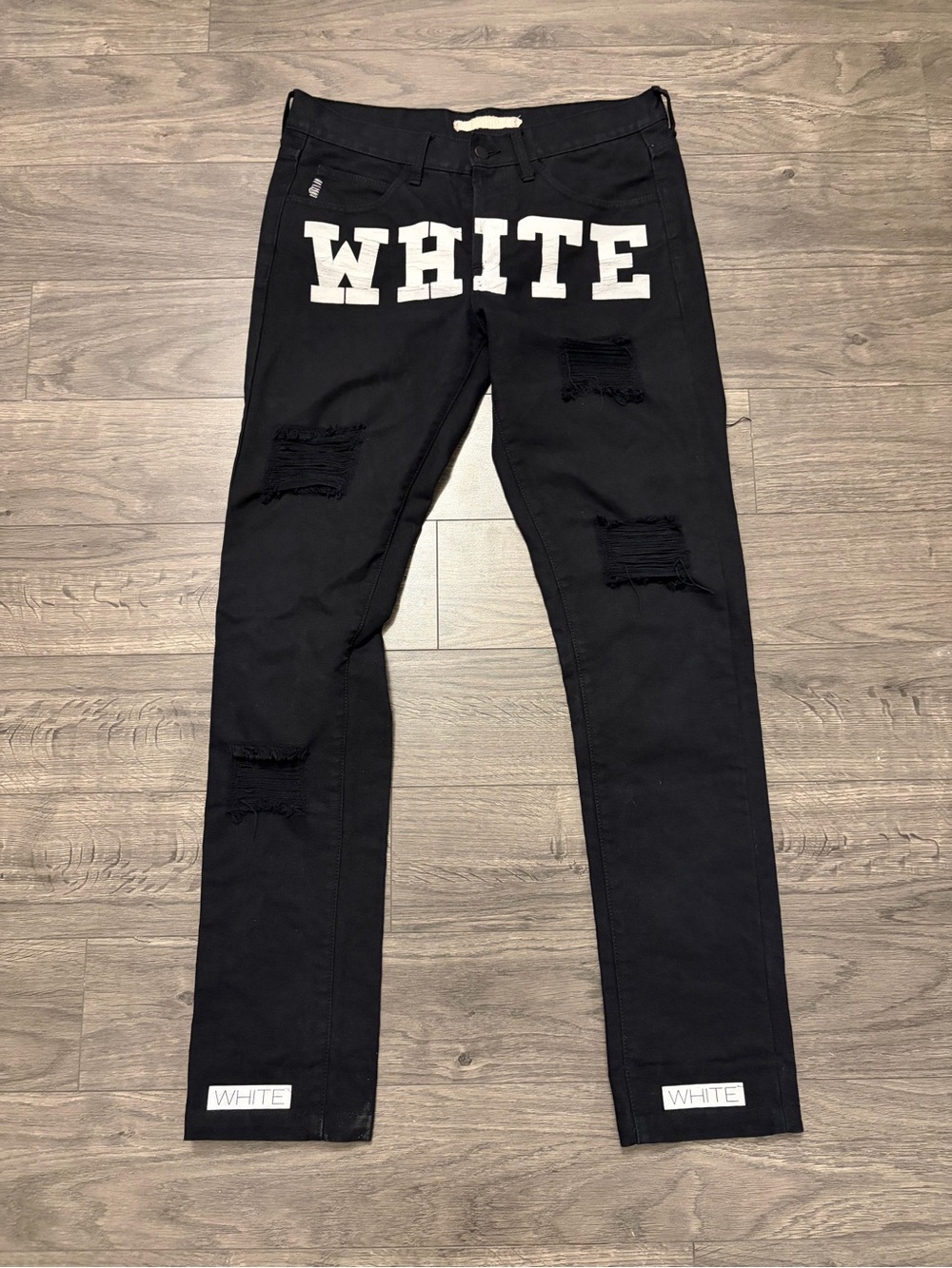 Off white Black Distressed Jeans with 'WHITE' Logo